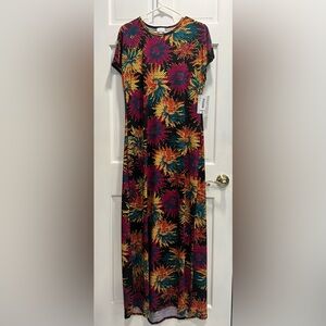 LULAROE NWT Pink Yellow Black Blue Floral Short Sleeve Maxi Maria Dress SZ LARGE